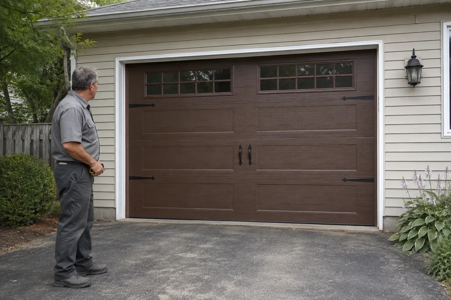 A person stands beside a closed brown garage door with upper windows and black decorative straps and handles. — Carriage-House Garage Door Installation, Barrie