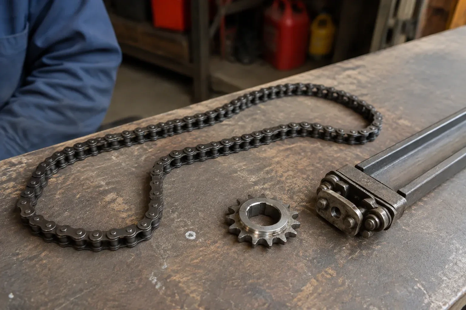 A detached metal roller chain, toothed sprocket and rail component rest on a worn garage workbench. — Chain-Drive Opener Repair, Barrie