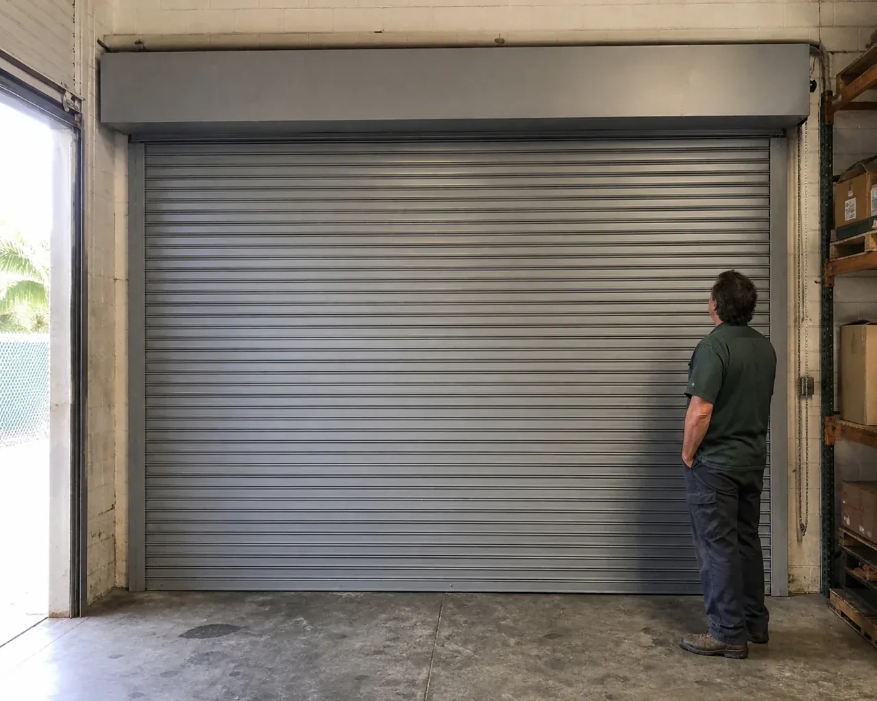 A person examines a closed metal rolling door with narrow horizontal slats, side guides and an overhead hood in a warehouse. — Commercial Rolling Door Repair, Cundles
