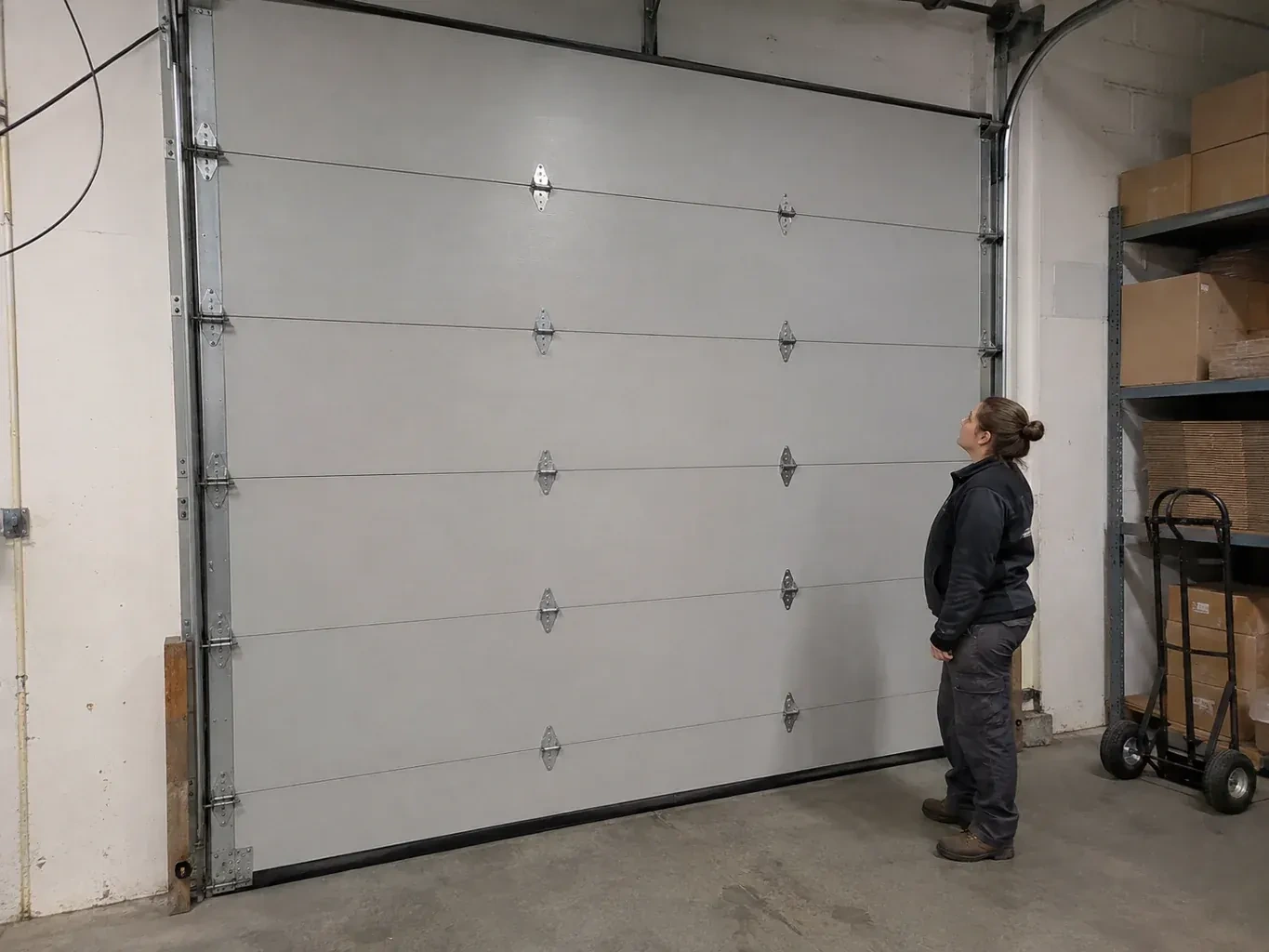 A person looks at a tall closed sectional door with broad panels, hinges and side tracks in a warehouse. — Commercial Sectional Door Repair, Barrie