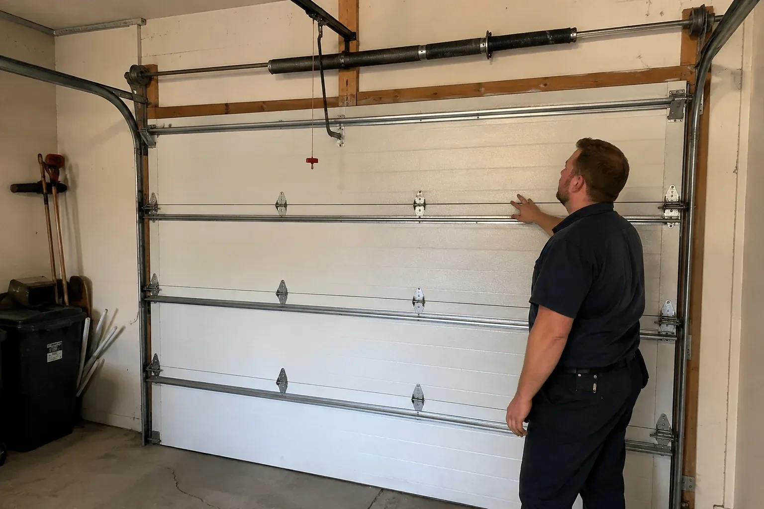 A person stands beside a closed sectional door beneath its overhead spring assembly. — Garage Door Balance Adjustment, Cundles