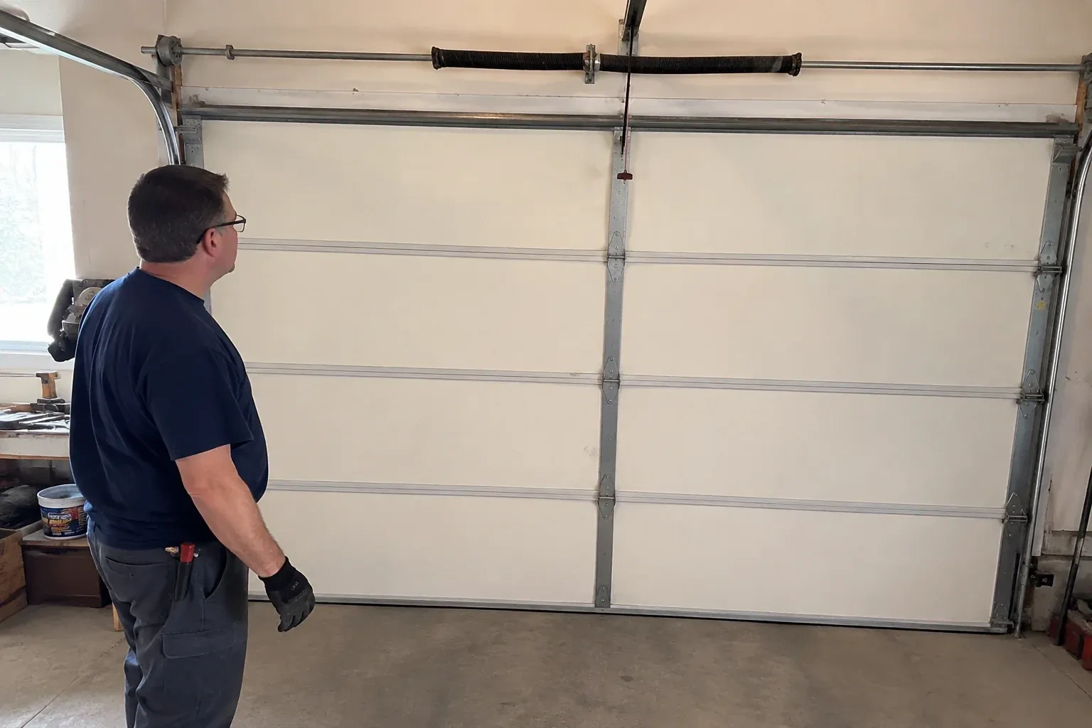 Illustrative garage doors scene; not an actual job — Off-Track Garage Door Reset, Barrie