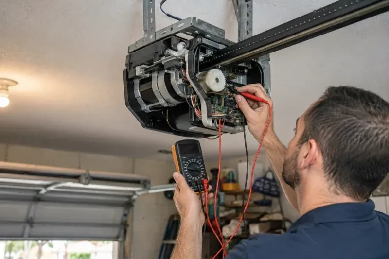 Person holding a multimeter and a red probe near the exposed circuit board of an overhead garage-door opener. — Garage Door Opener Diagnosis and Repair, Barrie