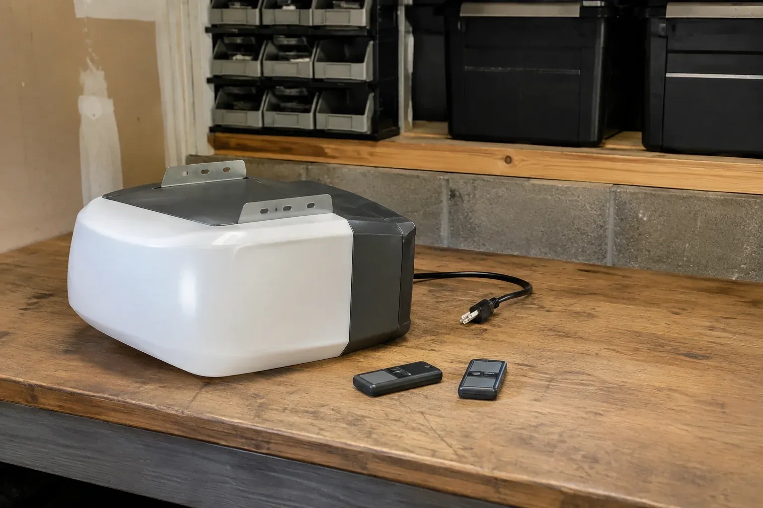 Detached opener housing and two remotes on a garage bench. — Garage Door Opener Replacement, Barrie