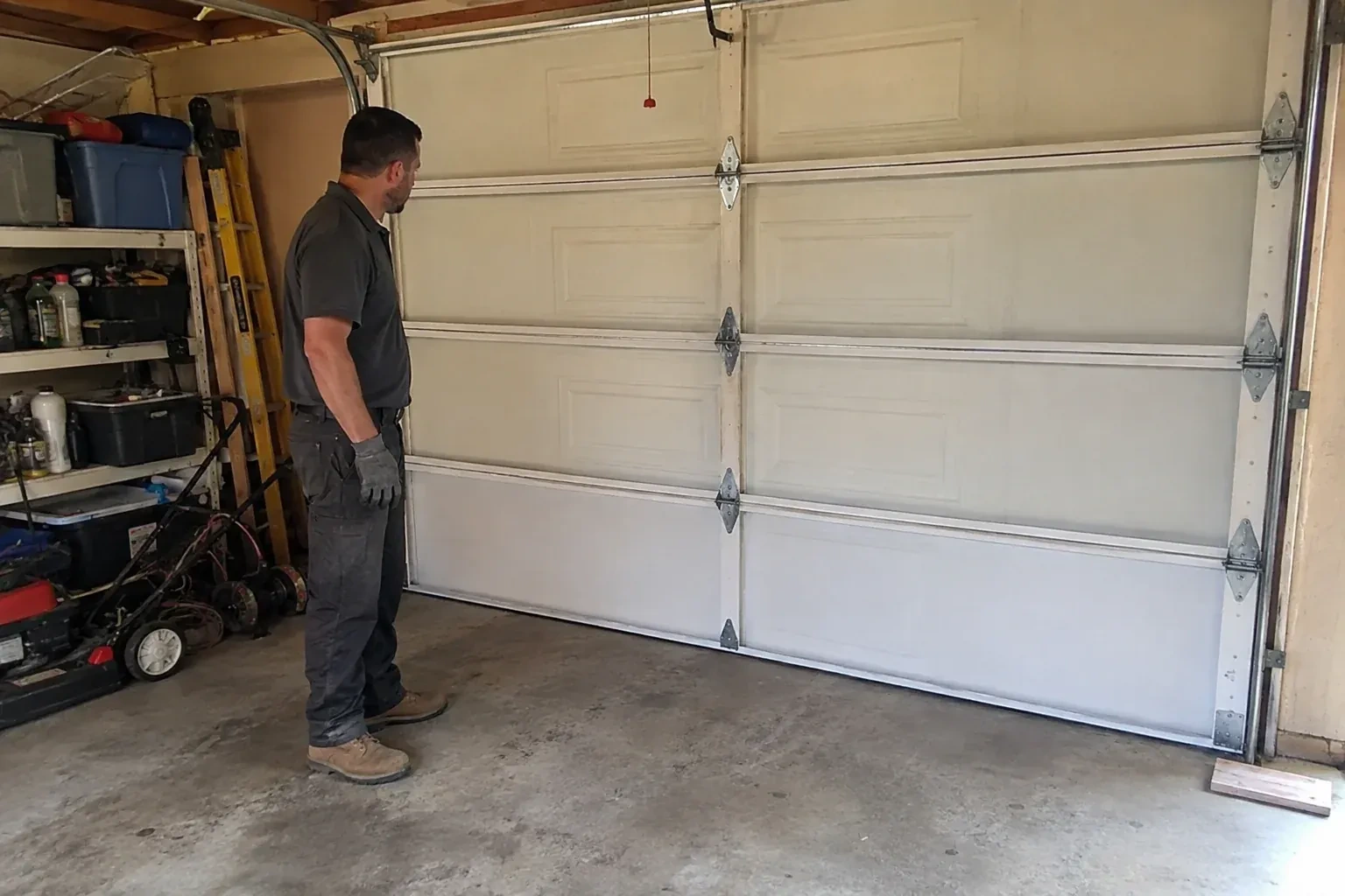 A person examines the interior panels and hinges of a closed sectional garage door. — Garage Door Panel Replacement, Barrie