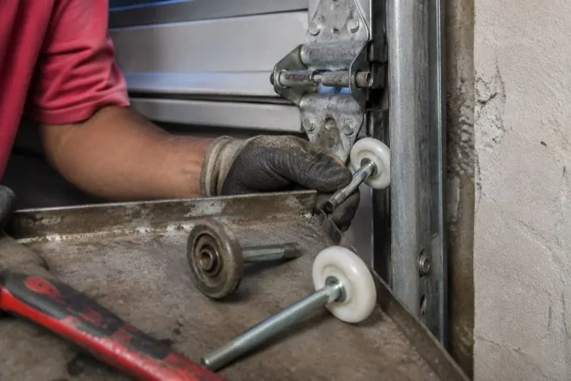 Gloved hand holding a white garage-door roller beside its track, with two loose rollers and a red tool on a tray. — Garage Door Roller Replacement, Barrie
