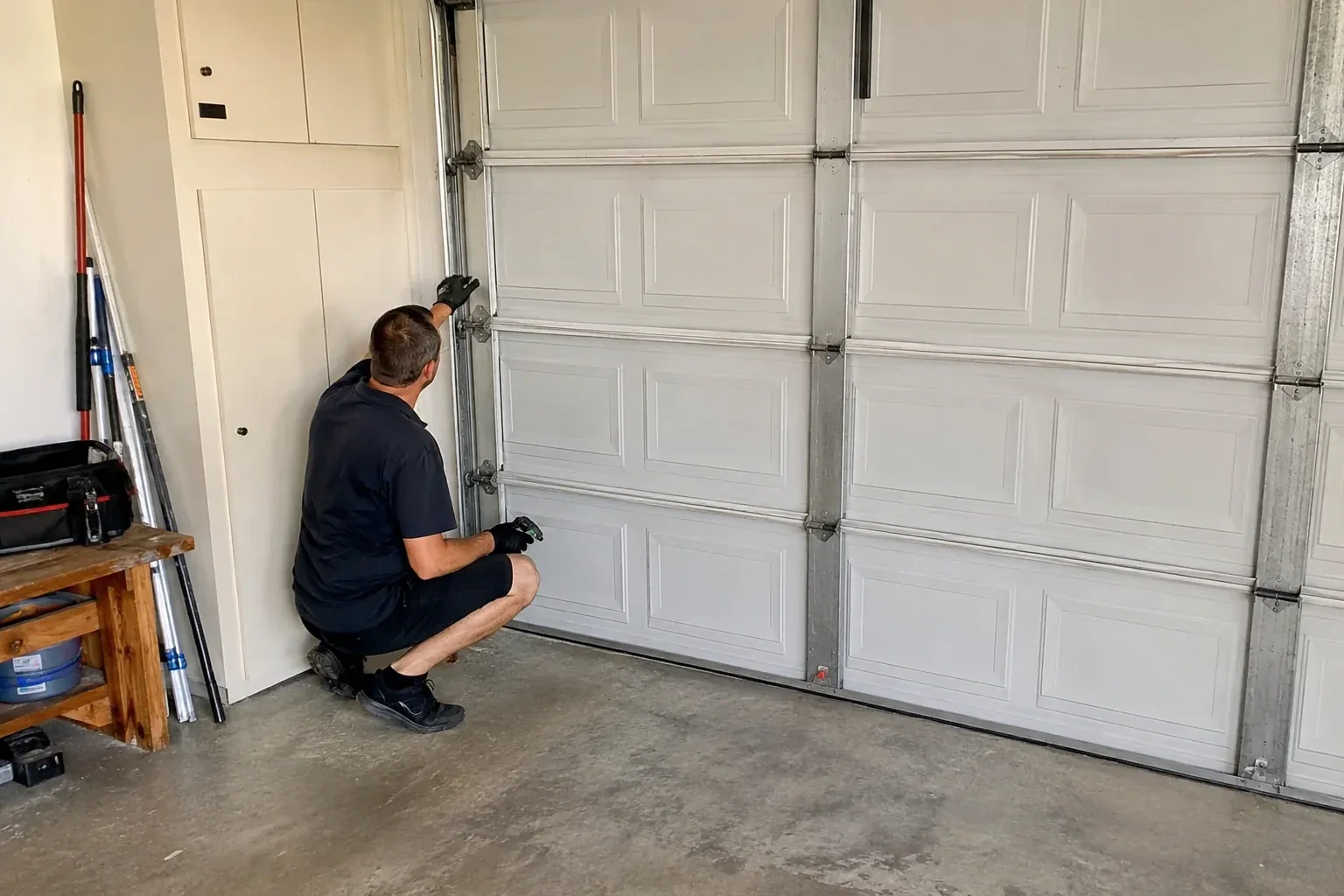 A person kneels beside the side track and hinges of a closed sectional garage door. — Garage Door Safety Inspection, Barrie