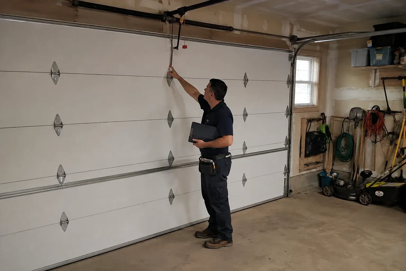 A person holding a clipboard examines the interior hardware of a closed garage door. — Garage Door Tune-Up, Barrie