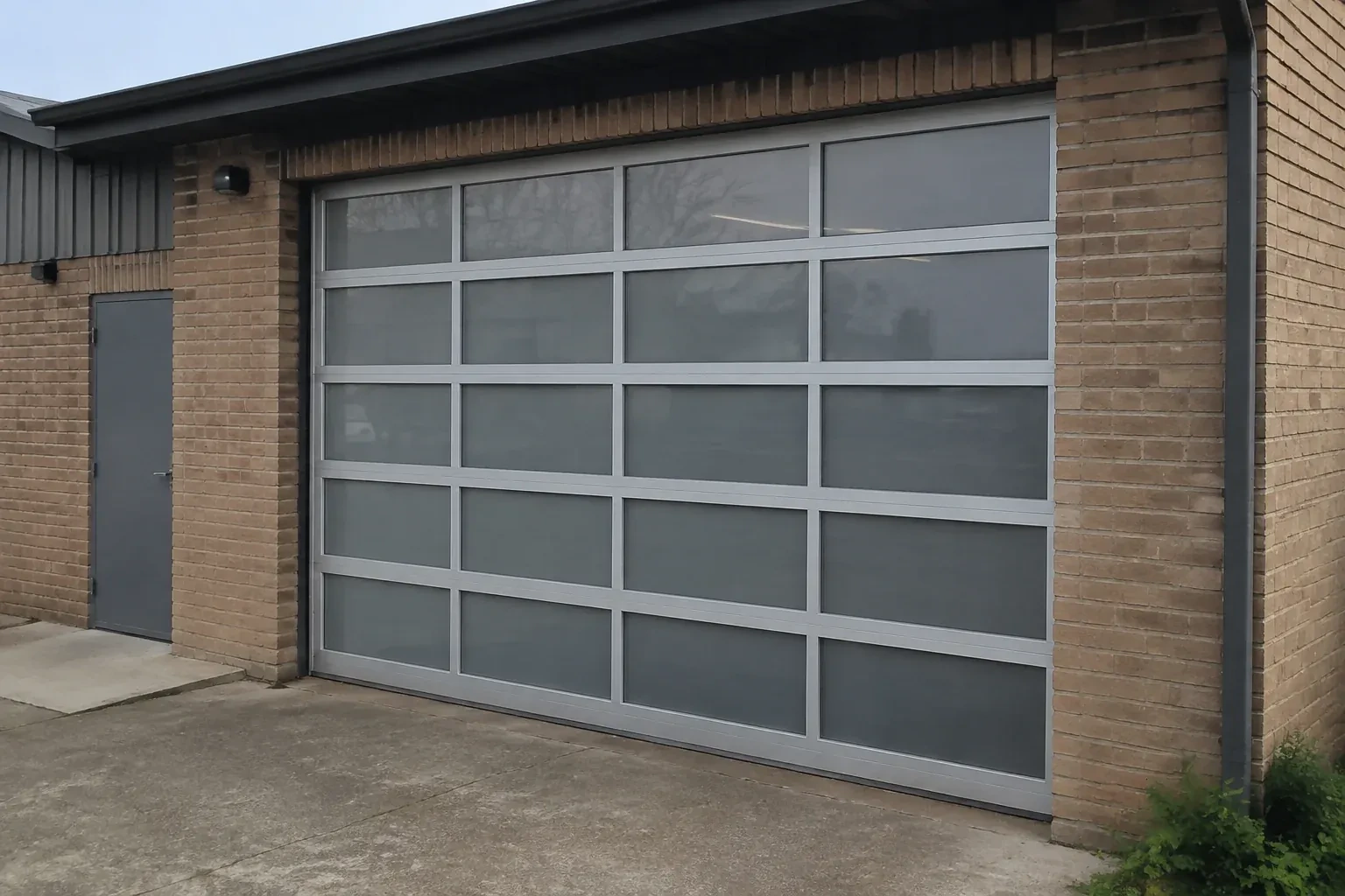 Closed glazed sectional door in a grey metal frame at a brick workshop. — Full-View Glass Garage Door Installation, Barrie