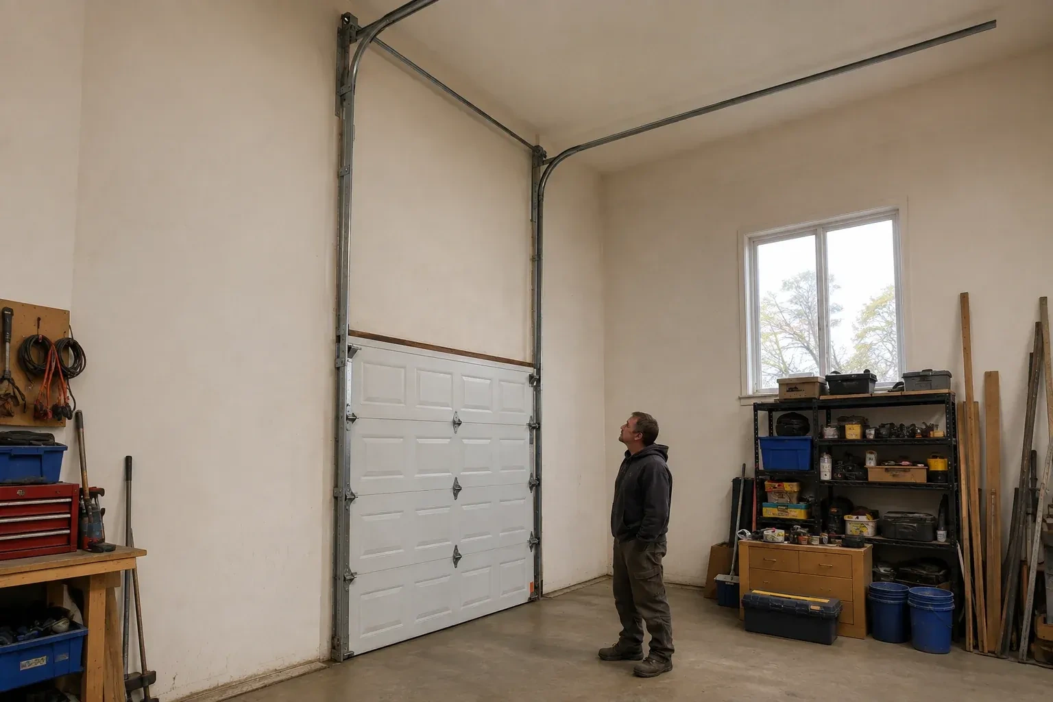 Vertical tracks extend above a closed garage door before curving near a high ceiling, while a person looks upward. — High-Lift Garage Door Conversion, Barrie