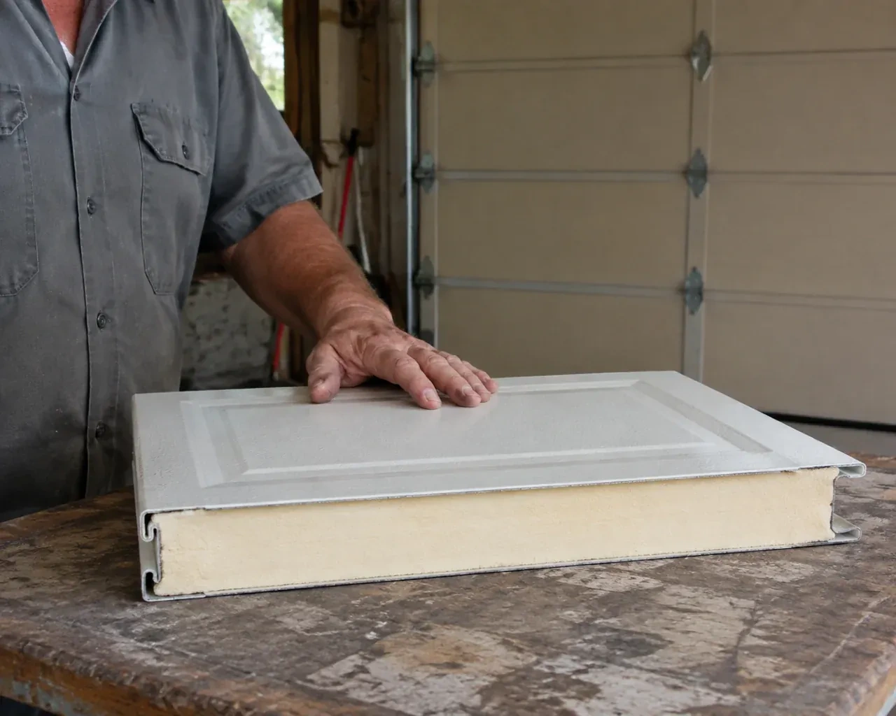 A panel sample exposes a cream foam core between thin metal faces on a garage workbench. — Insulated Steel Garage Door Installation, Cundles