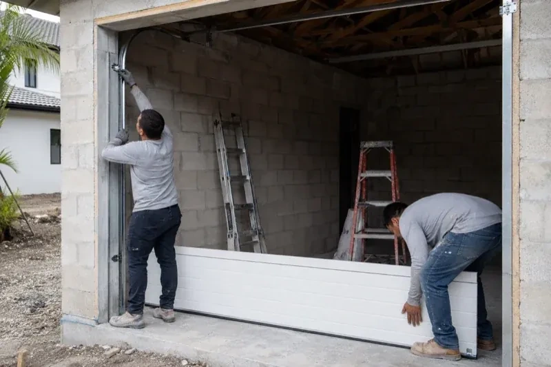 Two people positioning a white garage-door panel and side track in an unfinished masonry garage. — New-Construction Garage Door Installation, Barrie