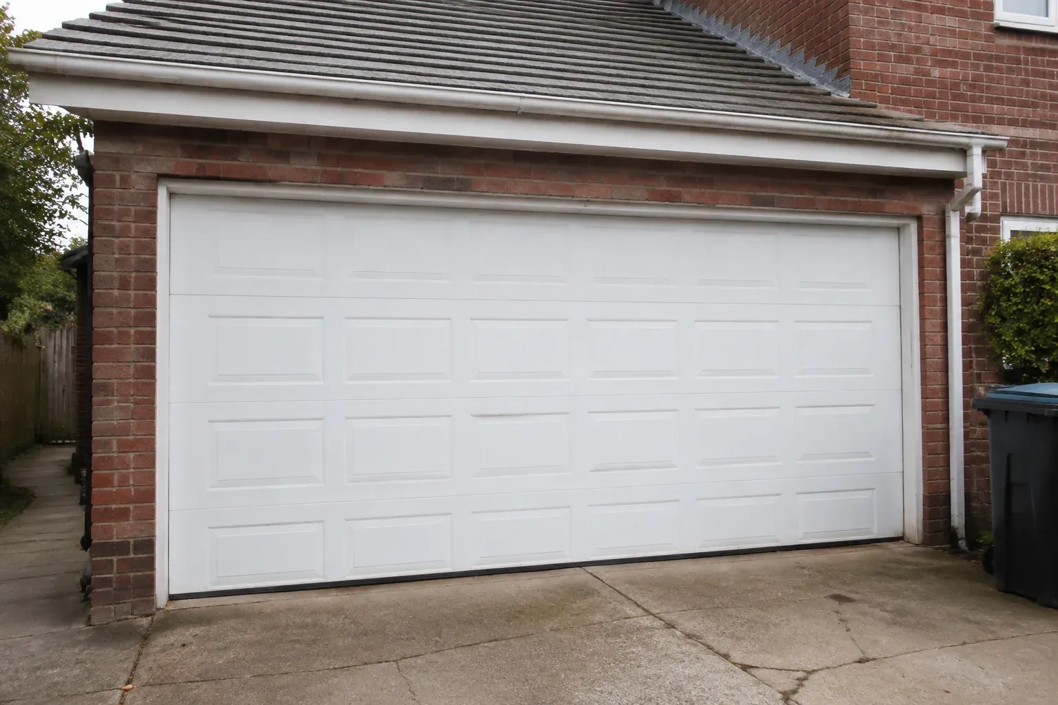 Closed white sectional garage door at an ordinary brick house. — Sectional Garage Door Replacement, Barrie