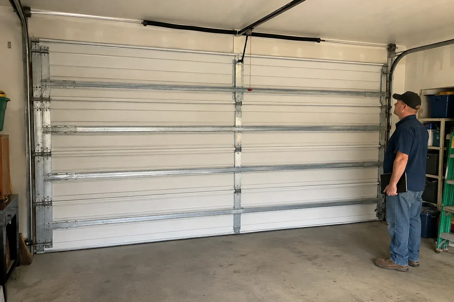 A person examines horizontal metal reinforcement members across the interior of a closed garage door. — Wind-Rated Garage Door Replacement, Barrie